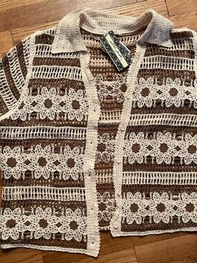 Ultra Pink Cream and Brown Crochet Button-Front Cardigan Vest